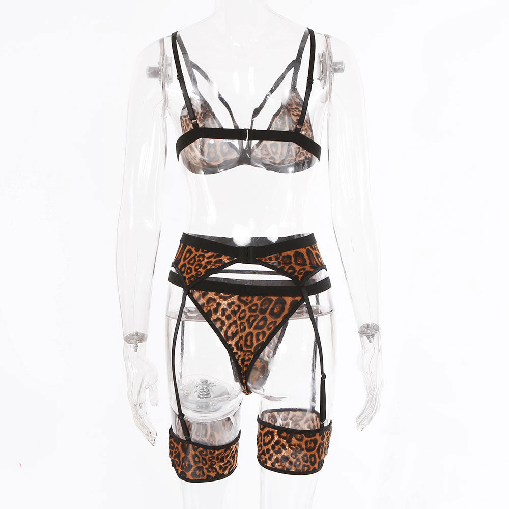 Sexy lingerie set hot female hollow leopard print underwear