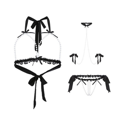 Sexy three-point hollow pearl open crotch sexy lingerie set