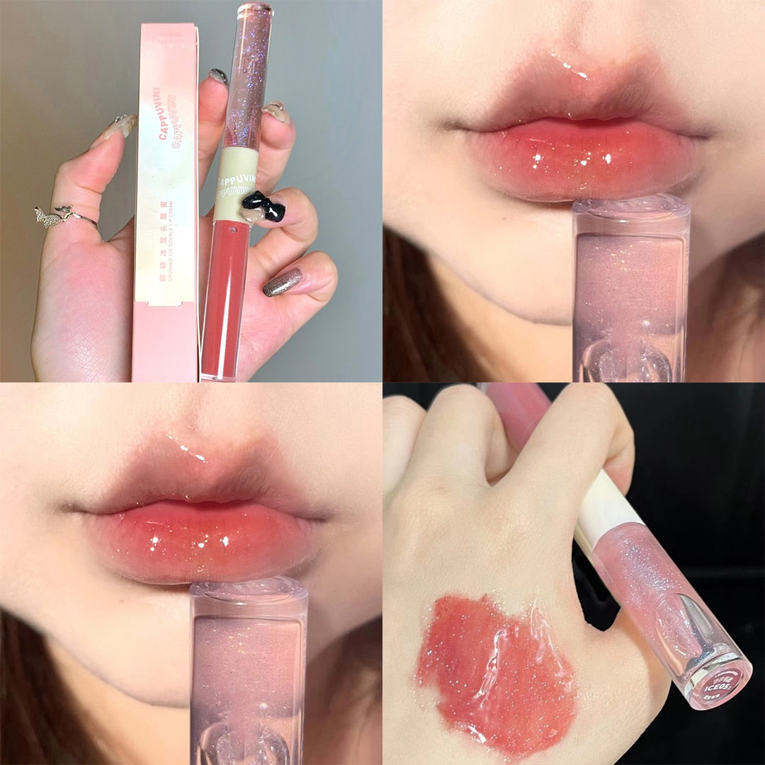 Tineit Purple Glitter Water Light Lip Gloss Lip Glaze Double-End Mirror Liquid Lipstick Not Fade Lip Tint Lasting Moisturizing Cosmetic