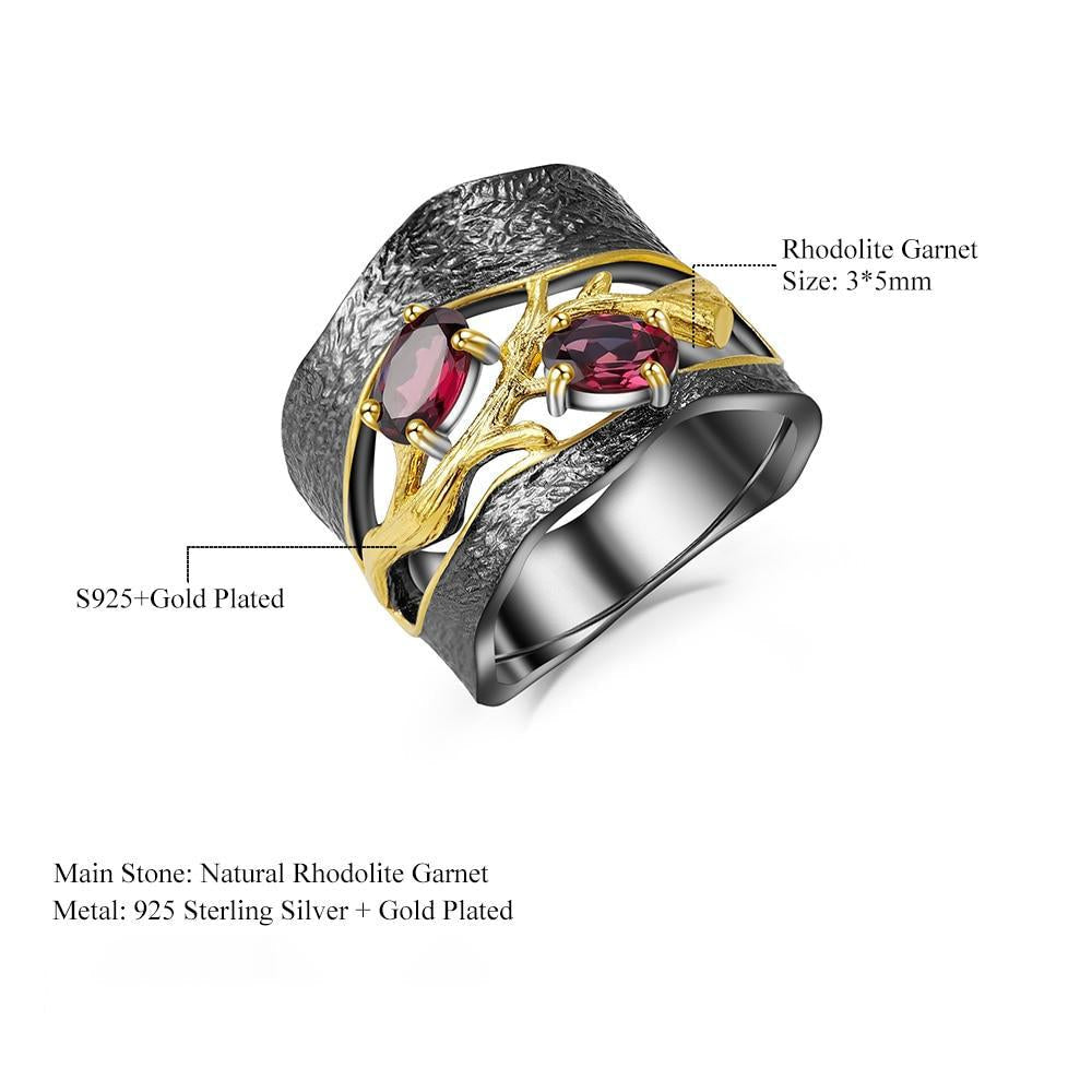 Sterling Silver Gold Branch Rhodolite Garnet Ring