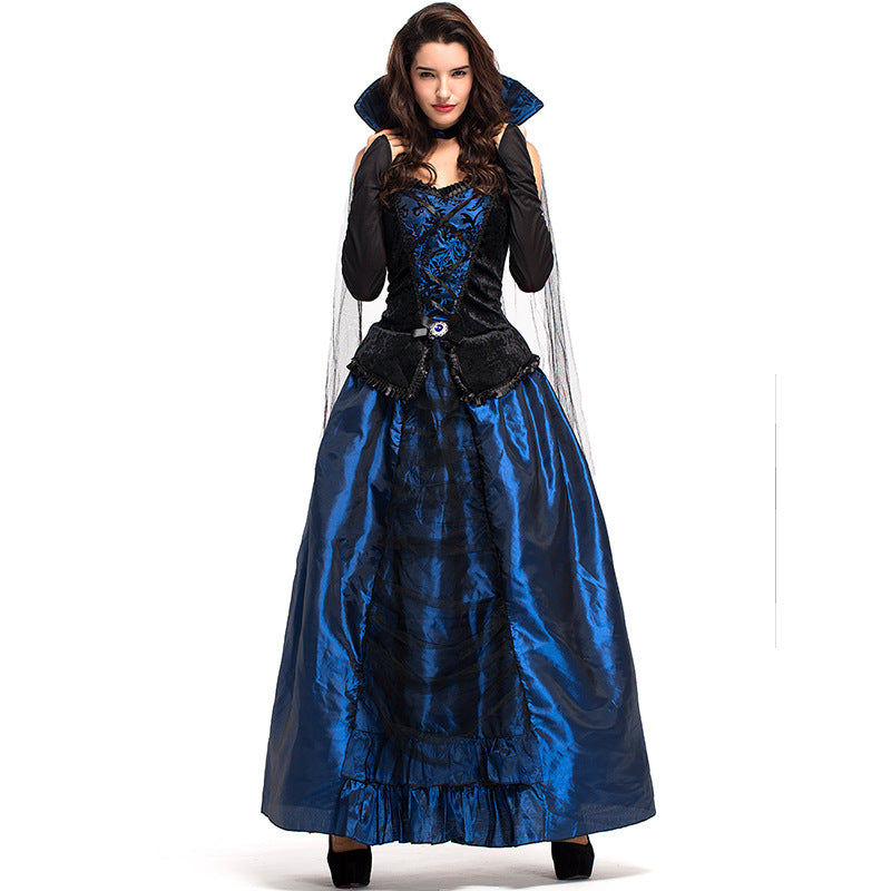 Women Gothic Vampire Countess Blue Cosplay Costume Dress For Halloween Party Performance