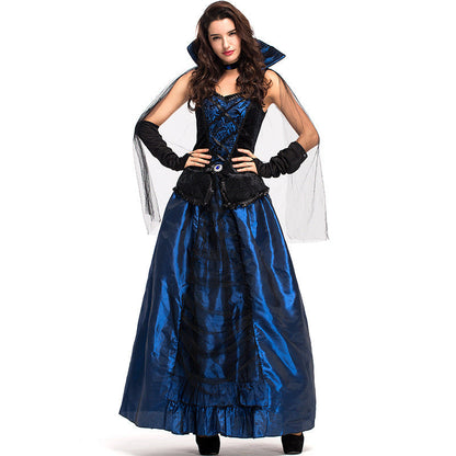Women Gothic Vampire Countess Blue Cosplay Costume Dress For Halloween Party Performance