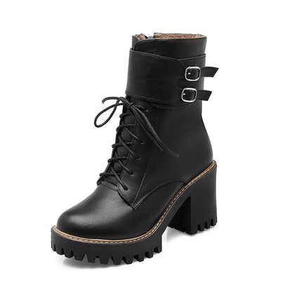 Autumn-Winter Motorcycle Women's Boots / Platform Lace-up Ankle Shoes / High Heels Boots With Buckle