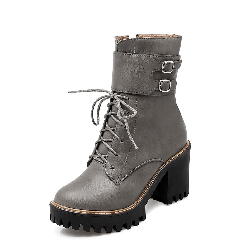 Autumn-Winter Motorcycle Women's Boots / Platform Lace-up Ankle Shoes / High Heels Boots With Buckle