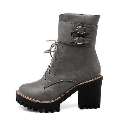 Autumn-Winter Motorcycle Women's Boots / Platform Lace-up Ankle Shoes / High Heels Boots With Buckle