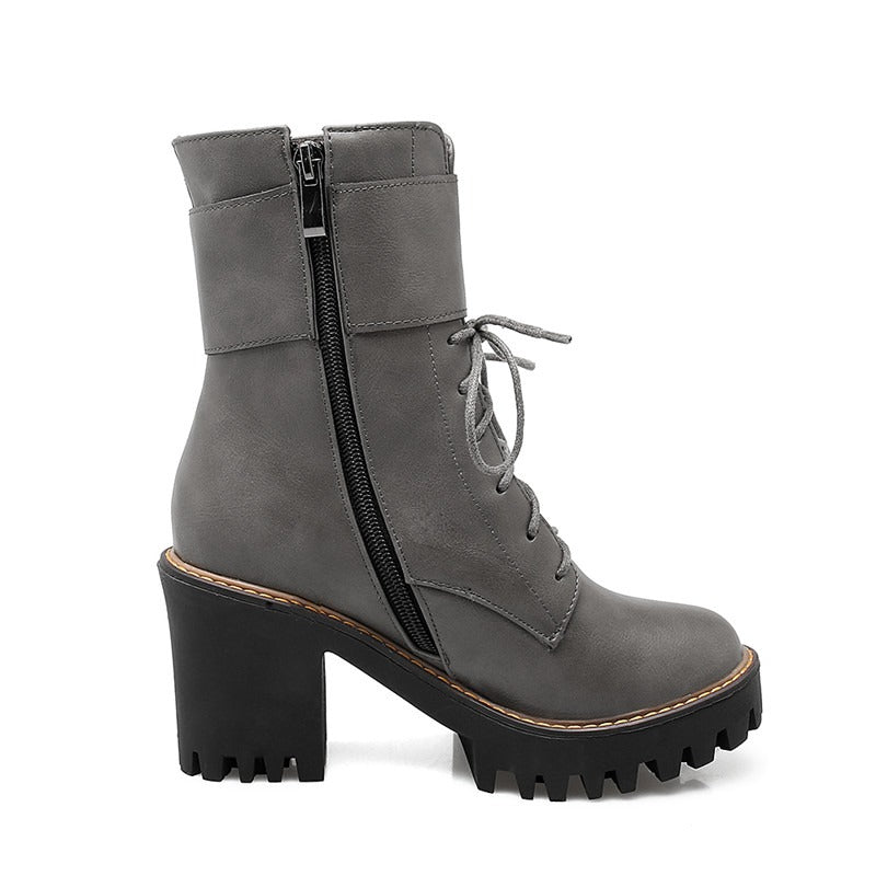 Autumn-Winter Motorcycle Women's Boots / Platform Lace-up Ankle Shoes / High Heels Boots With Buckle