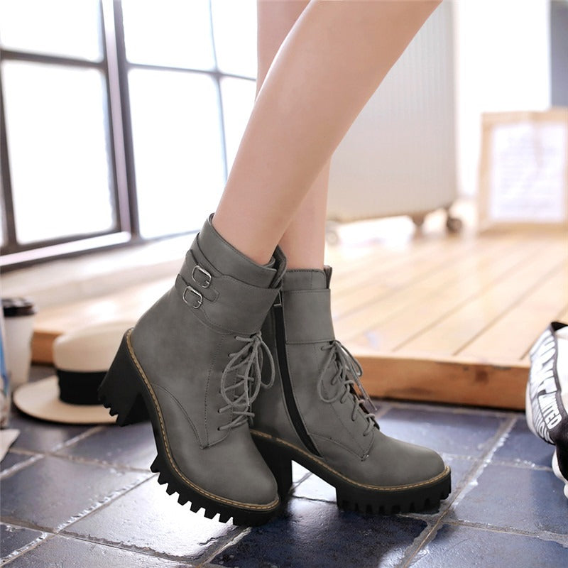 Autumn-Winter Motorcycle Women's Boots / Platform Lace-up Ankle Shoes / High Heels Boots With Buckle