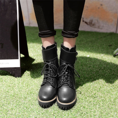 Autumn-Winter Motorcycle Women's Boots / Platform Lace-up Ankle Shoes / High Heels Boots With Buckle