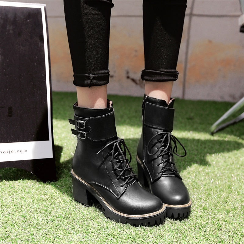 Autumn-Winter Motorcycle Women's Boots / Platform Lace-up Ankle Shoes / High Heels Boots With Buckle