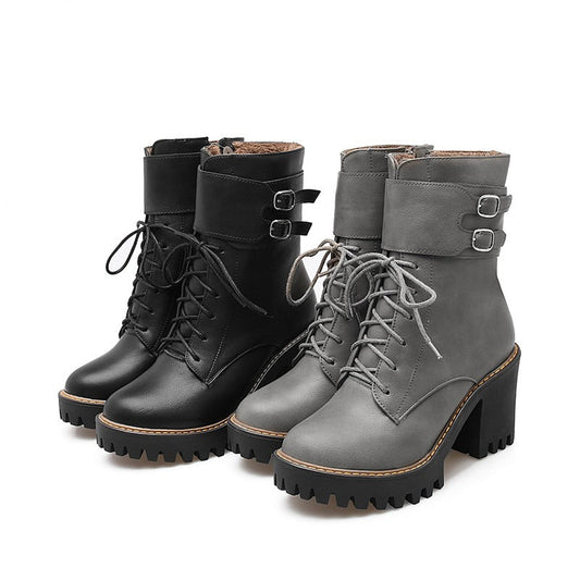 Autumn-Winter Motorcycle Women's Boots / Platform Lace-up Ankle Shoes / High Heels Boots With Buckle