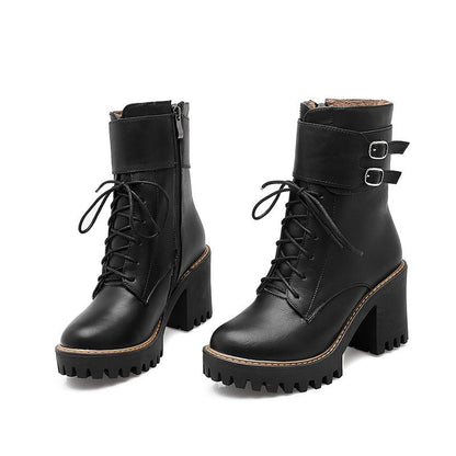 Autumn-Winter Motorcycle Women's Boots / Platform Lace-up Ankle Shoes / High Heels Boots With Buckle