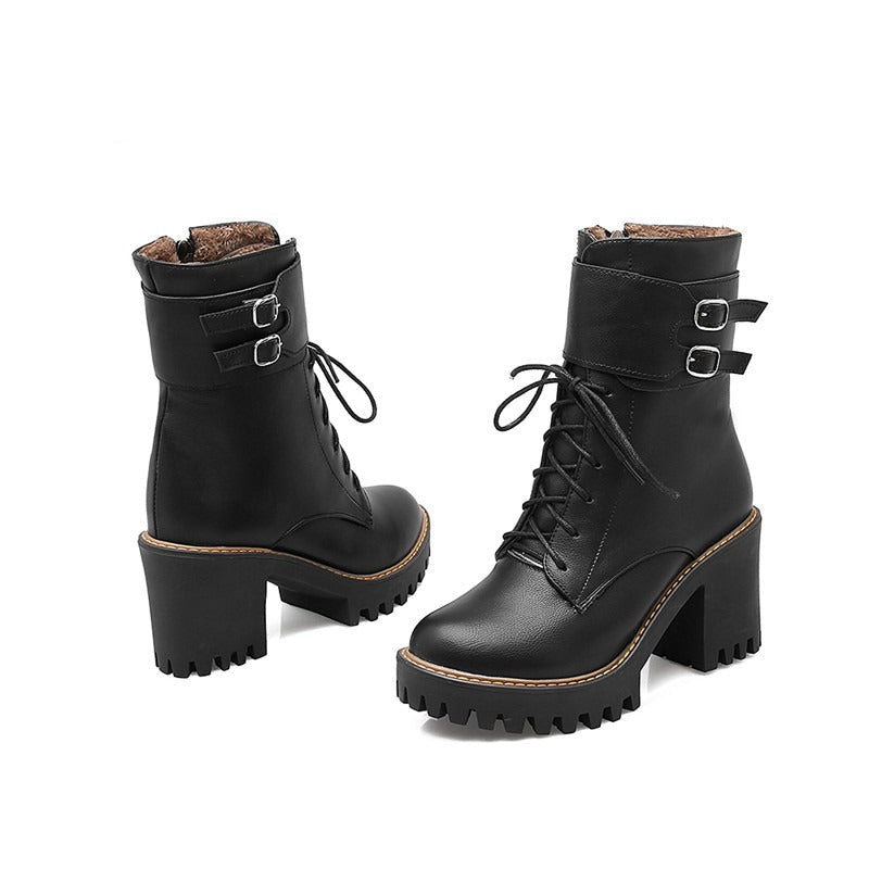 Autumn-Winter Motorcycle Women's Boots / Platform Lace-up Ankle Shoes / High Heels Boots With Buckle