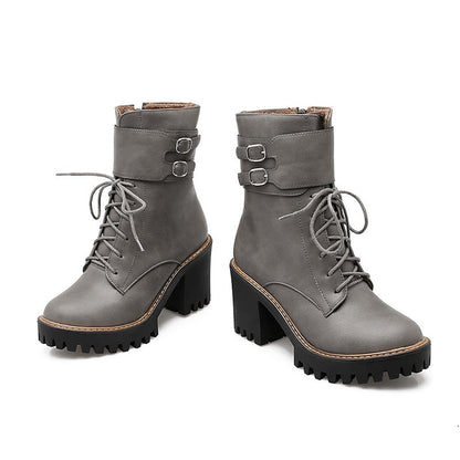 Autumn-Winter Motorcycle Women's Boots / Platform Lace-up Ankle Shoes / High Heels Boots With Buckle