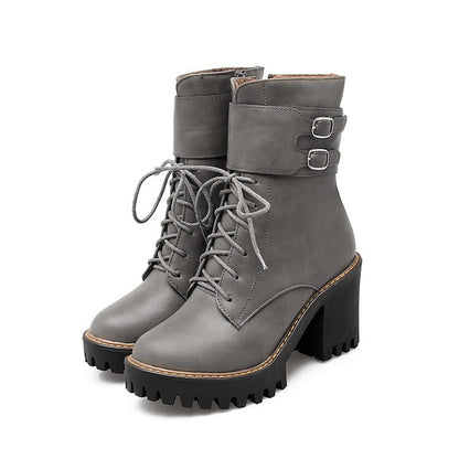 Autumn-Winter Motorcycle Women's Boots / Platform Lace-up Ankle Shoes / High Heels Boots With Buckle