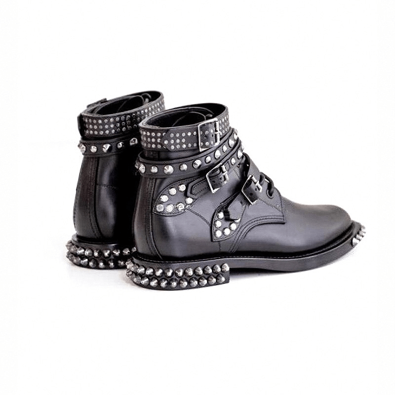 Biker Genuine Leather Womens Boots / Round Toe Autumn/Winter Motorcycle Rivet Ankle Boots in Black