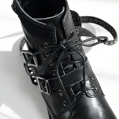 Biker Genuine Leather Womens Boots / Round Toe Autumn/Winter Motorcycle Rivet Ankle Boots in Black