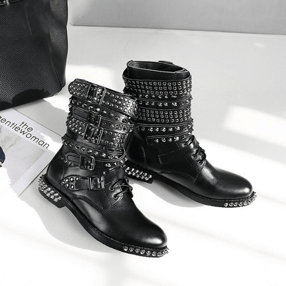 Biker Genuine Leather Womens Boots / Round Toe Autumn/Winter Motorcycle Rivet Ankle Boots in Black