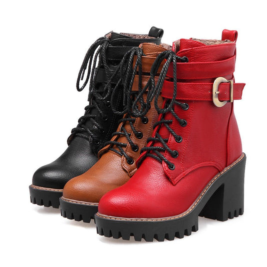 Black, Brown, Wine red Zipper Lace-Up Buckle Ankle Boots / Square High Heels Platform Womens Boots