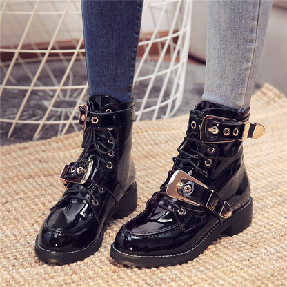 Black Genuine Leather Women's Boots With Golden Color Buckles / Rocker Style Lace-Up Ankle Shoes