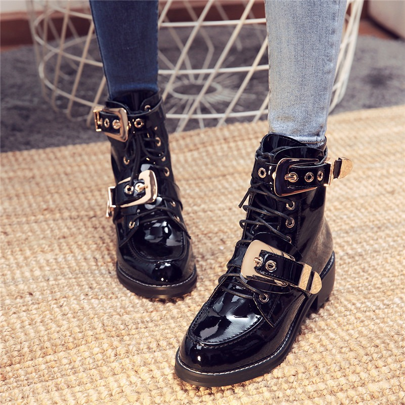 Black Genuine Leather Women's Boots With Golden Color Buckles / Rocker Style Lace-Up Ankle Shoes