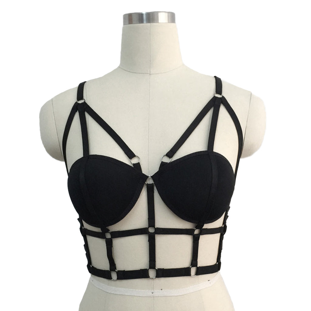 Black Strappy Cage Bra Body Harness / Crop Tops Accessories in Gothic Style