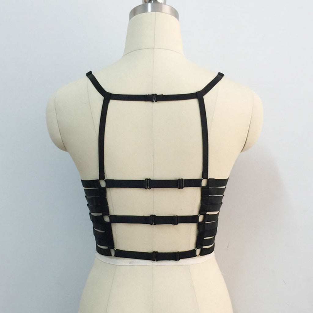 Black Strappy Cage Bra Body Harness / Crop Tops Accessories in Gothic Style
