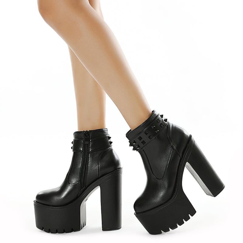 Black Women's Platform Boots With Rivets / Thick Ultra High Heeled Shoes / Chunky Ankle Boots