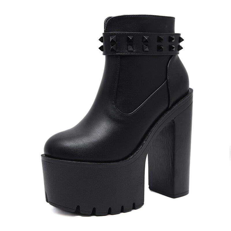 Black Women's Platform Boots With Rivets / Thick Ultra High Heeled Shoes / Chunky Ankle Boots