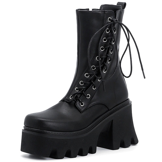 High Quality PU Leather Women's Boots with Lace Up in Side / Fashion Ankle Black Shoes