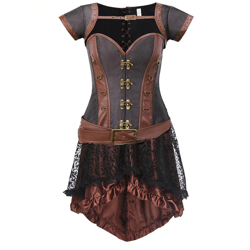 Brown Steampunk Costume for Women / Gothic Skirt and Corset with Pocket