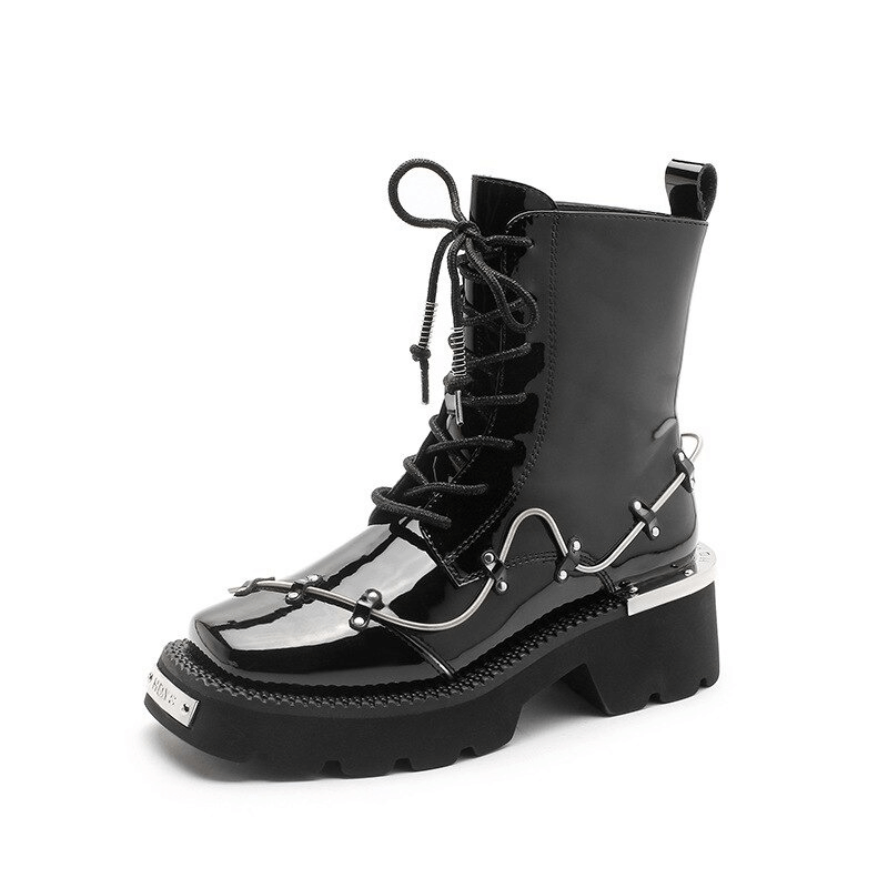 Casual Lace Up Glossy Martin Boots / Square Toe Increasing Height Ankle Women's Boots