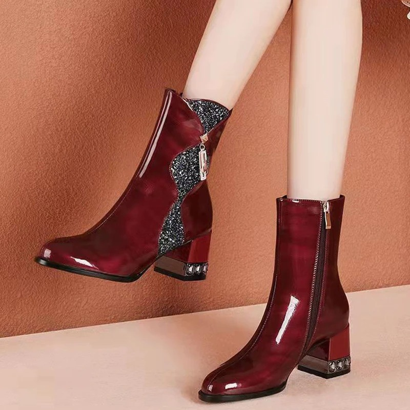 Crystal Heels PU Leather Sweet Boots / Elegant Fashion Women's Zipper Shoes