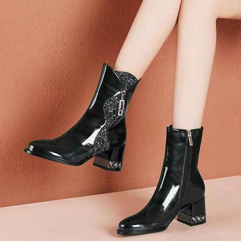 Crystal Heels PU Leather Sweet Boots / Elegant Fashion Women's Zipper Shoes