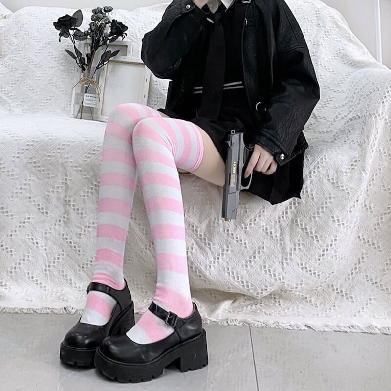 Pastel candy stripes cosplay stockings c0015