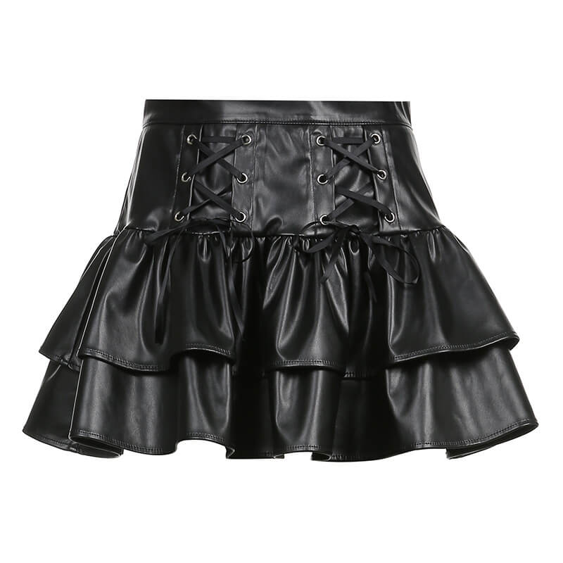 Alternative banding leather cake ruffled skirt K0048