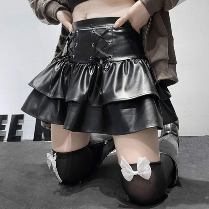Alternative banding leather cake ruffled skirt K0048