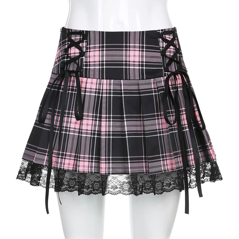 Black pink plaid ribbon pleated A-line skirt k0038