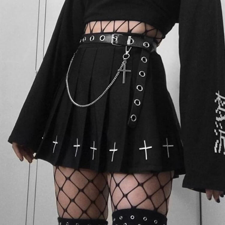 Darkness gothic cross pleated A-line skirt C00410