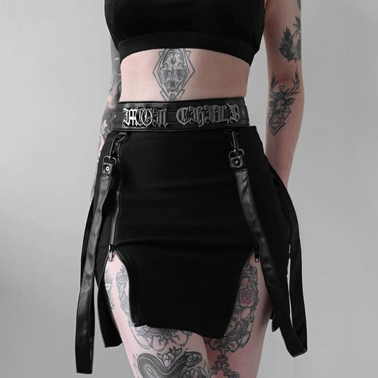 Double zippers gothic belts pencil skirt ah0111