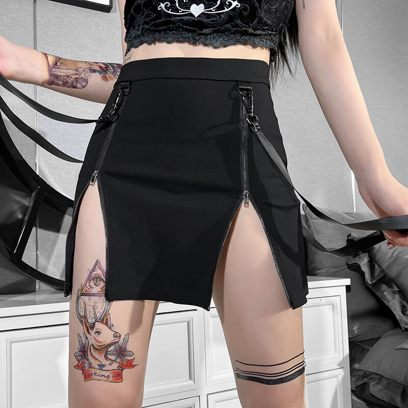 Double zippers gothic slit skirt