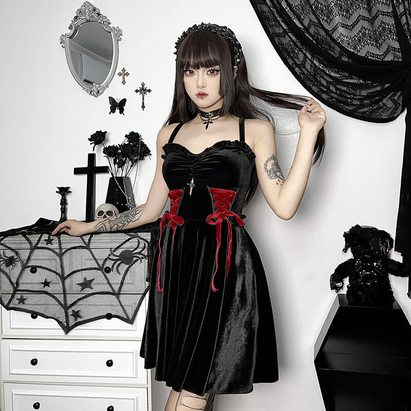 Elegant dark suspender dress