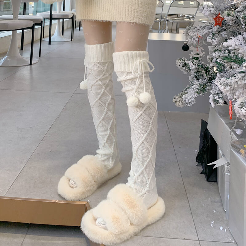 Fluffy warm pompon long stockings c0154