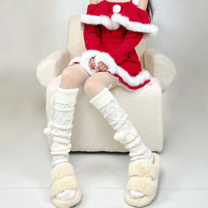 Fluffy warm pompon long stockings c0154