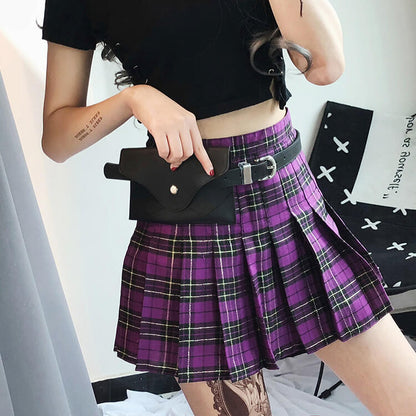 Golden lines purple plaid A-line mini skirt k0018