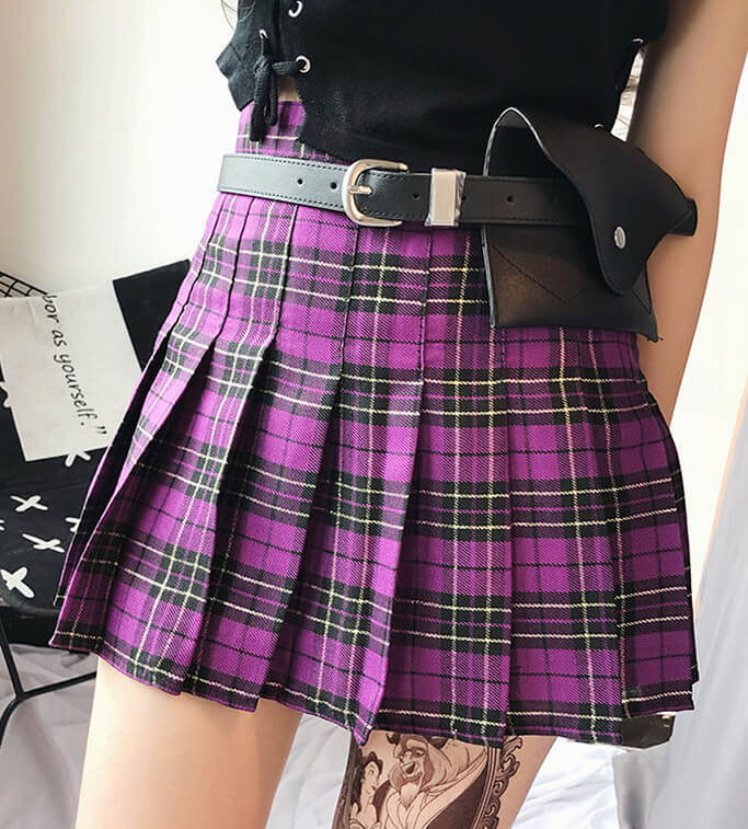 Golden lines purple plaid A-line mini skirt k0018