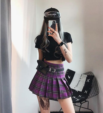 Golden lines purple plaid A-line mini skirt k0018