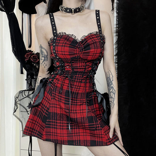 Punk girl rivet suspender ribbon dress ah0134