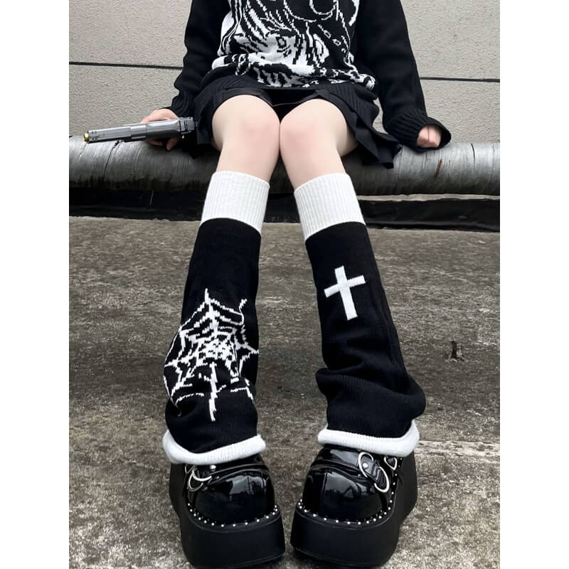 Goth y2k spider web cross leg warmers c0151