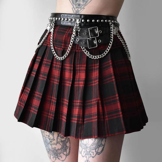 Grunge girl leather buckle red plaid mini pleated skirt k0037