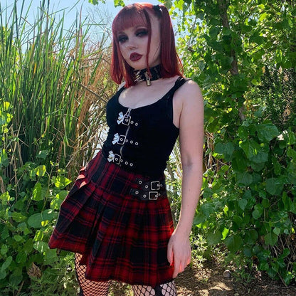 Grunge girl leather buckle red plaid mini pleated skirt k0037